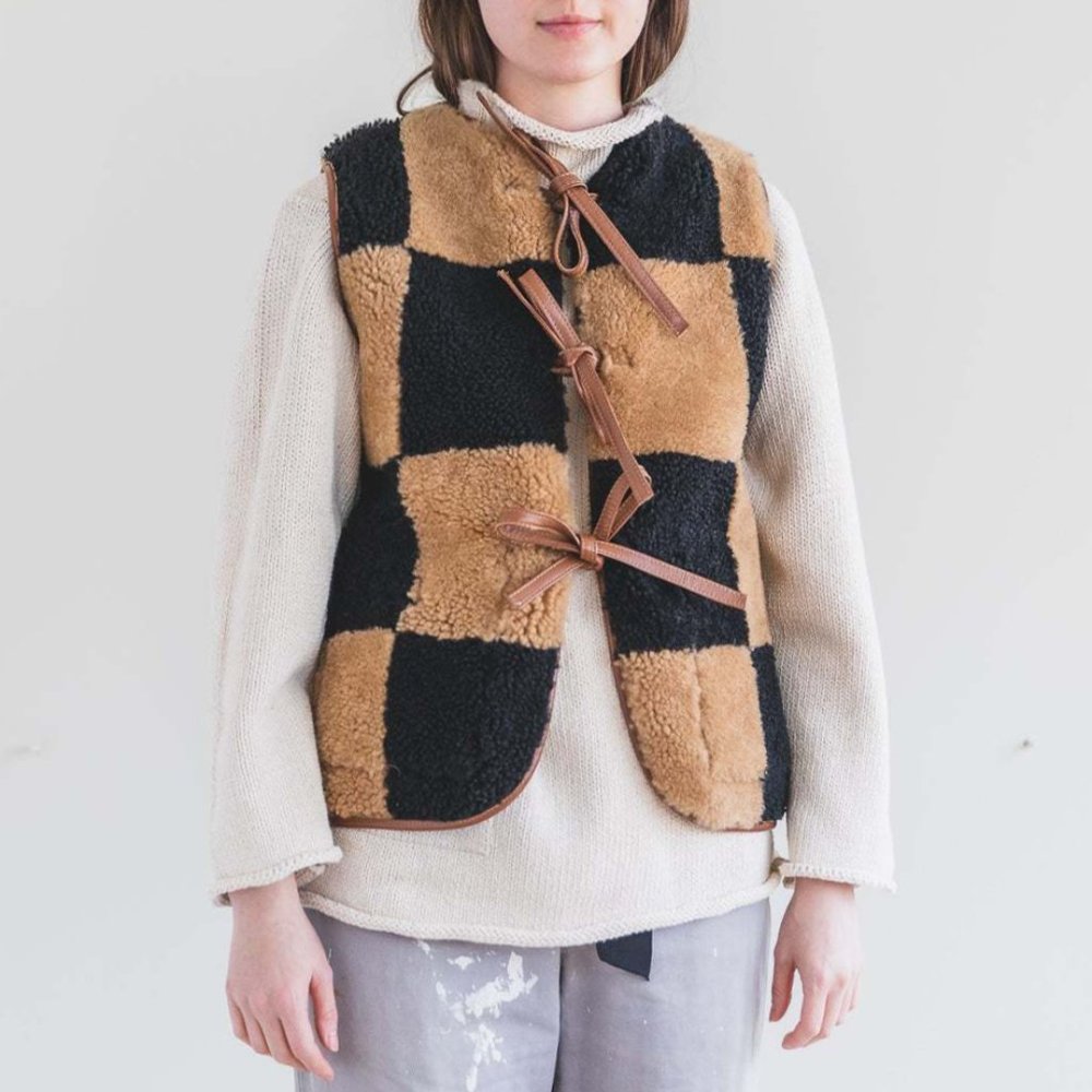 NWT Cawley Studio 'Ella' Patchwork checked checkerboard checker Shearling Vest